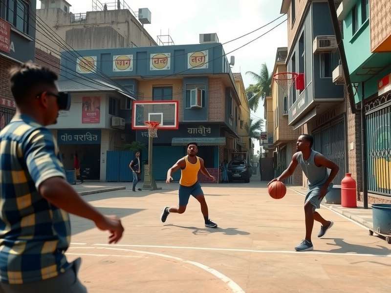 VR Slum Hoopsters gameplay screenshot showing players in a Mumbai slum setting
